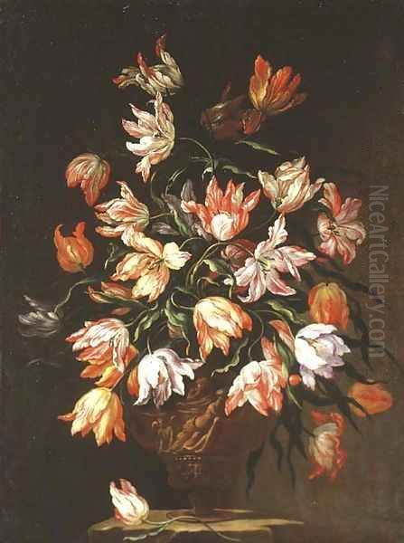 Tulips in a sculpted urn on a stone plinth Oil Painting by Dei Fiori (Nuzzi) Mari