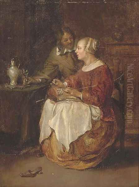 A lady sewing with a gentleman in an interior Oil Painting by Gabriel Metsu