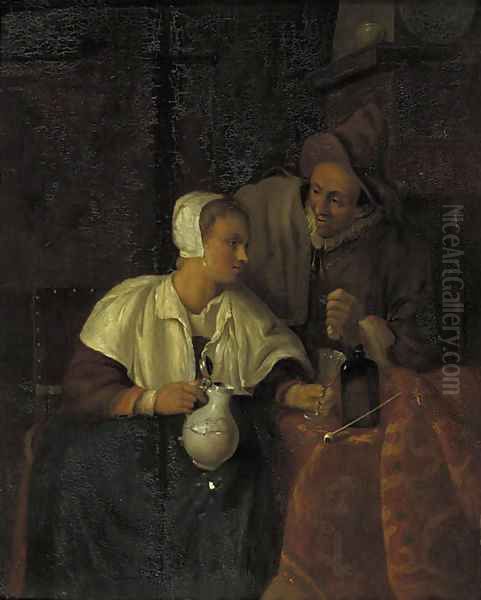 A woman seated by a table pouring wine for a man, in an interior Oil Painting by Gabriel Metsu