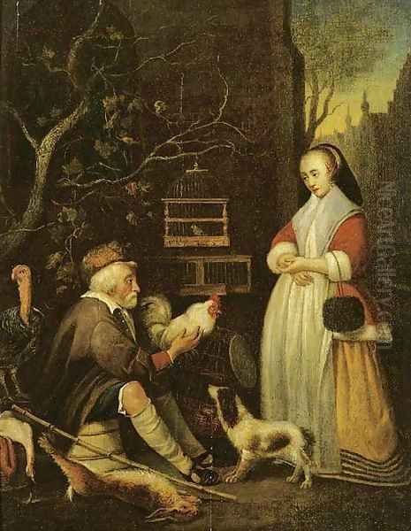 An old man selling game to an elegant lady Oil Painting by Gabriel Metsu