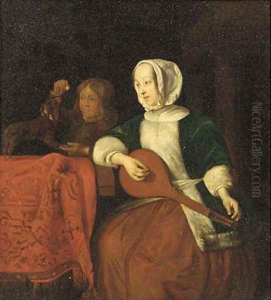 A lady playing a lute with a boy and his dog behind Oil Painting by Gabriel Metsu