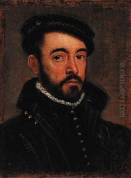 Portrait of a gentleman, bust-length, in a black cap and doublet Oil Painting by Giovanni Battista Moroni