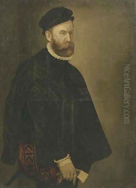 Portrait of a gentleman, three-quarter-length, in a black costume, white collar and cuffs and a black hat, a glove in his right hand Oil Painting by Giovanni Battista Moroni