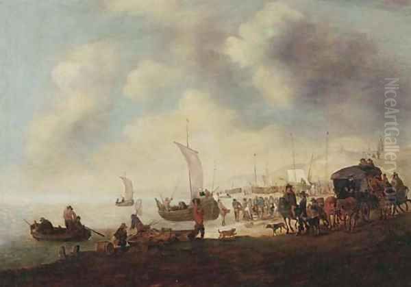 Fishermen and townsfolk on the beach at Scheveningen Oil Painting by Hendrick De Meijer