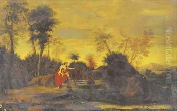 A classical landscape with a woman and two children Oil Painting by Jean-Francois Millet