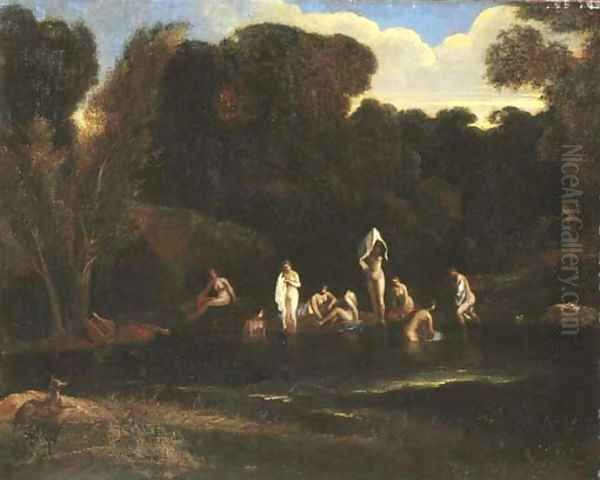 A wooded river landscape with Diana and her nymphs bathing Oil Painting by Jean-Francois Millet