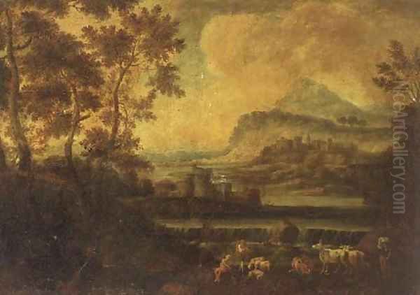 A river landscape, with a shepherd, two towns beyond Oil Painting by Jean-Francois Millet