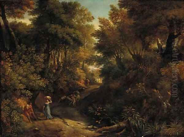 A wooded landscape with a shepherd and a washerwoman on a path Oil Painting by Jean-Francois Millet