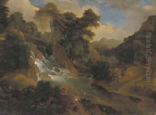 A wooded landscape with women by a waterfall Oil Painting by Jean-Francois Millet