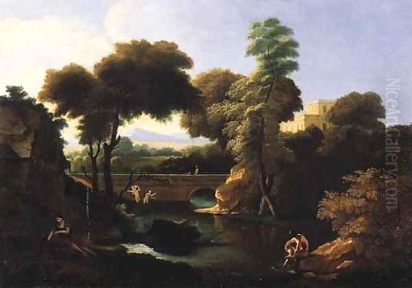 Bathers by a river, in an Italianate landscape Oil Painting by Jean-Francois Millet