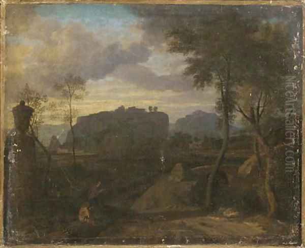 Travellers resting before an extensive landscape Oil Painting by Jean-Francois Millet