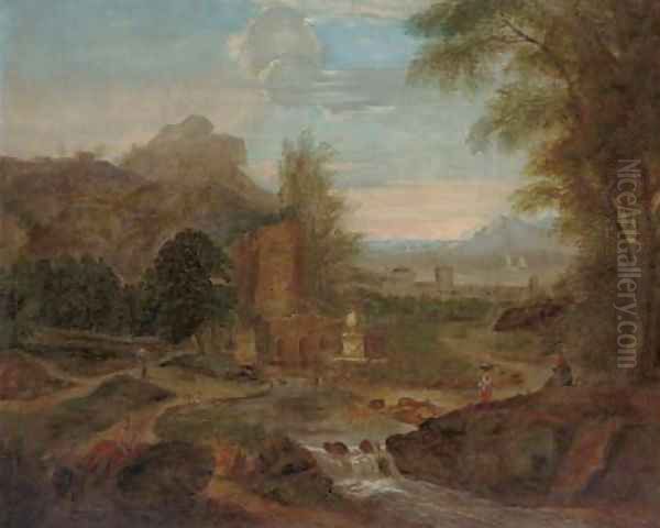 A classical landscape with figures by a river Oil Painting by Jean-Francois Millet