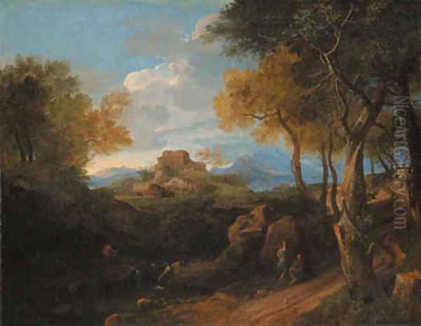 An extensive wooded landscape with figures on a path, a borgo beyond Oil Painting by Jean-Francois Millet