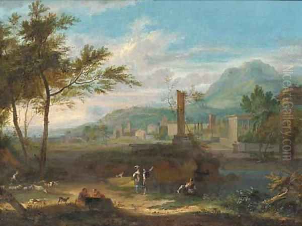 An Italianate landscape with classical ruins and figures in the foreground Oil Painting by Jean-Francois Millet