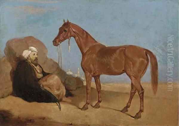 An Arab smoking a pipe, a horse to his side Oil Painting by Leopold Carl Muller