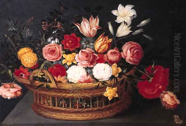 Tulips, roses, lilies, a peony, forget-me-nots, anemone and other flowers with a butterfly in a basket, on a stone ledge Oil Painting by Phillipe de Marlier