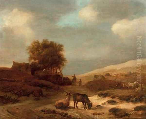 A dune landscape with goats and sheep, travellers on a track and cottages beyond Oil Painting by Pieter De Molijn