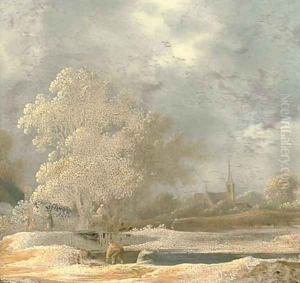 A river landscape with anglers on a river bank, a church beyond Oil Painting by Pieter De Molijn