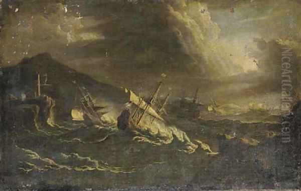 A coastal landcsape with ships in a storm Oil Painting by Pieter the Younger Mulier