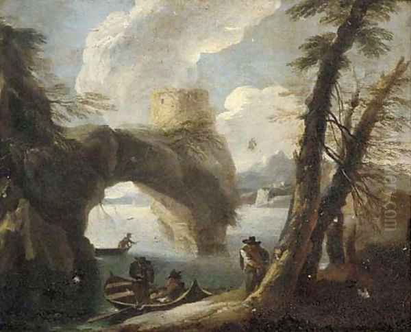 A coastal landscape with figures in boats by a rocky outcrop Oil Painting by Pieter the Younger Mulier