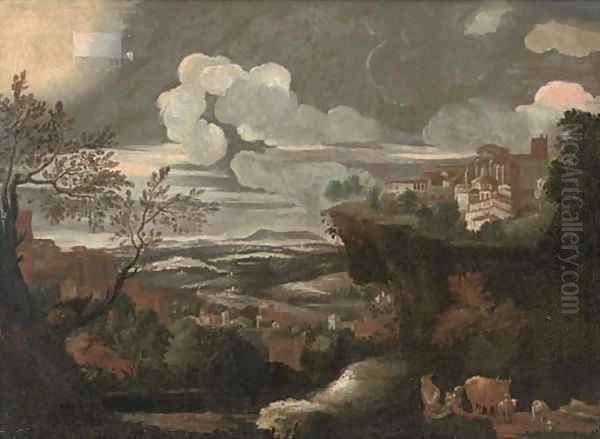 An extensive mountainous landscape, with a shepherd and his flock, a town beyond Oil Painting by Pieter the Younger Mulier