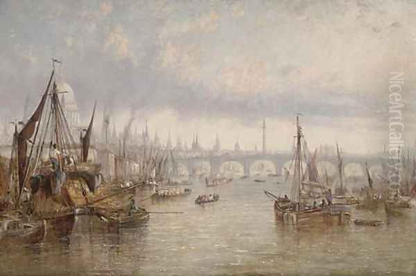 Hay barges on the Thames, St. Paul's Cathedral beyond Oil Painting by Francis Maltino