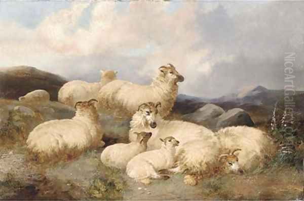 Sheep in a moorland landscape Oil Painting by James Charles Morris