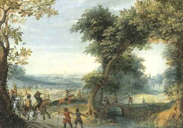 A wooded landscape with a cavalry skirmish, a city beyond Oil Painting by Mattheus Adolfsz Molanus