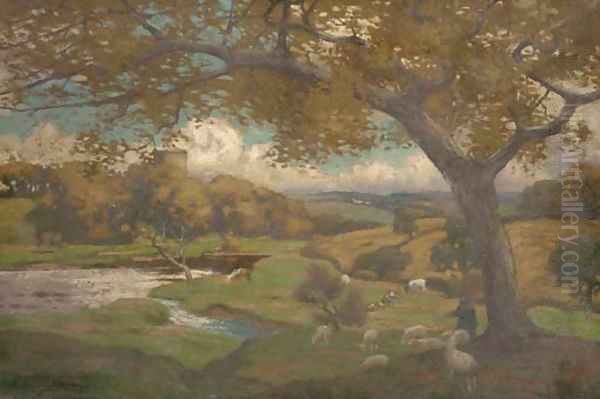 Cattle and sheep grazing in an autumnal landscape Oil Painting by Thomas Corson Morton