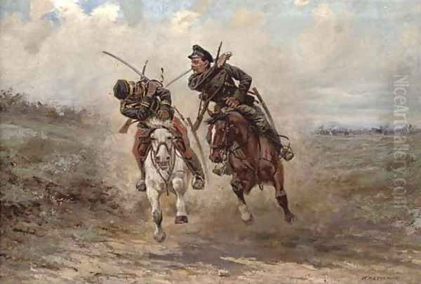 A cavalry skirmish Oil Painting by Viktor Vinkent'evich Mazurovskii