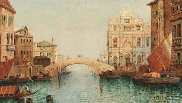 Vessels on a venetian canal by a bridge, a capriccio Oil Painting by William Meadows