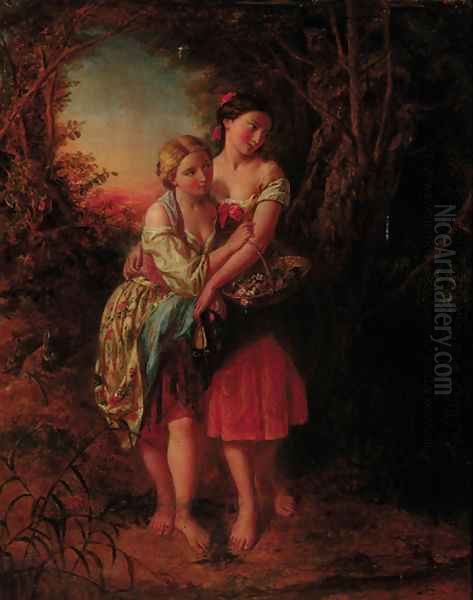 The intrepid flower girls Oil Painting by Augustus Edward Mulready