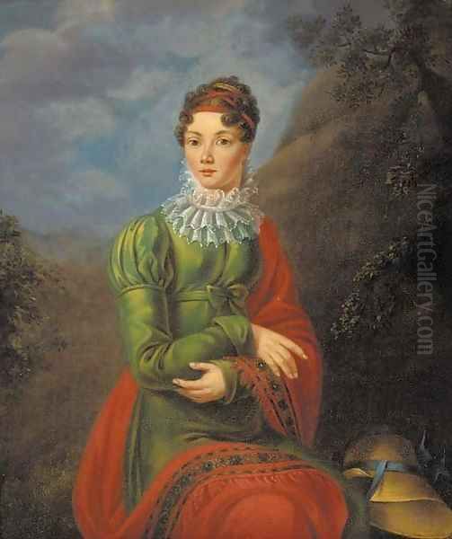 Portrait of a lad in a green dress and red shawl Oil Painting by Jean-Laurent Mosnier