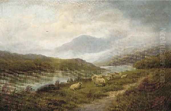 Sheep by the edge of a river in a Highland landscape Oil Painting by John Morris