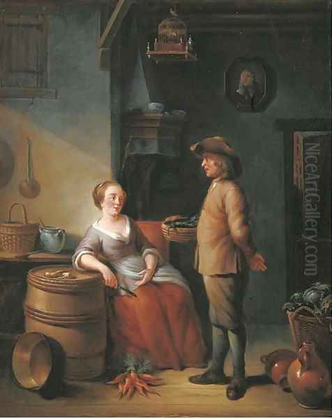 A kitchen interior with two servants conversing Oil Painting by Louis de Moni