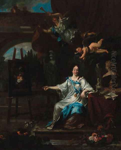 An allegorical portrait of an artist, probably Rachel Ruysch Oil Painting by Michiel van Musscher