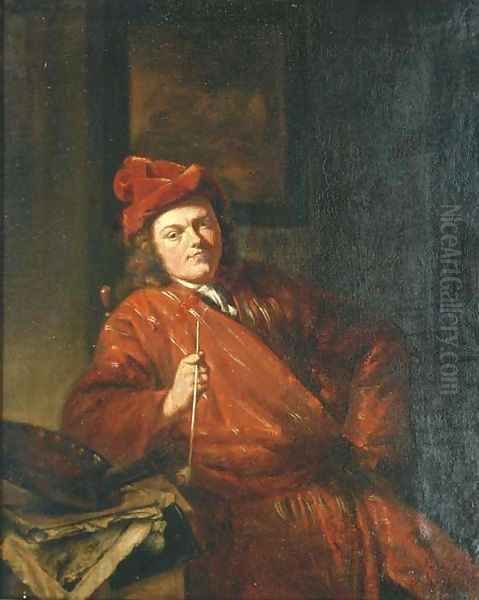 Portrait of an artist smoking a pipe Oil Painting by Michiel van Musscher