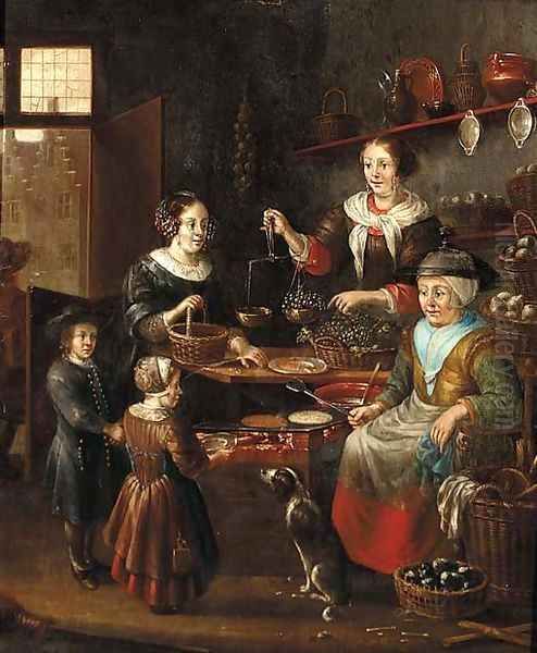 The interior of a grocer's shop with a woman making pancakes Oil Painting by Michiel van Musscher