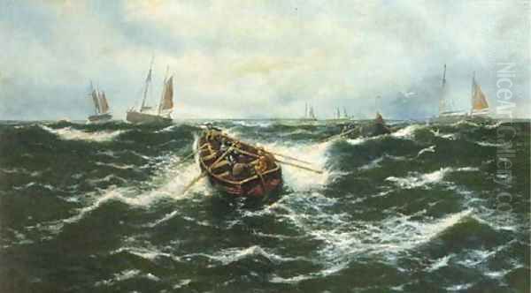 Fisherman rowing out to their boats Oil Painting by Thomas Rose Miles