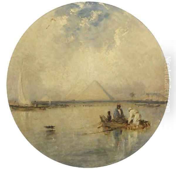 Fishing in the Nile, the pyramids beyond Oil Painting by William James Muller