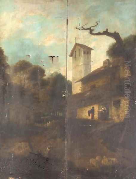 Figures in a continental village Oil Painting by William James Muller