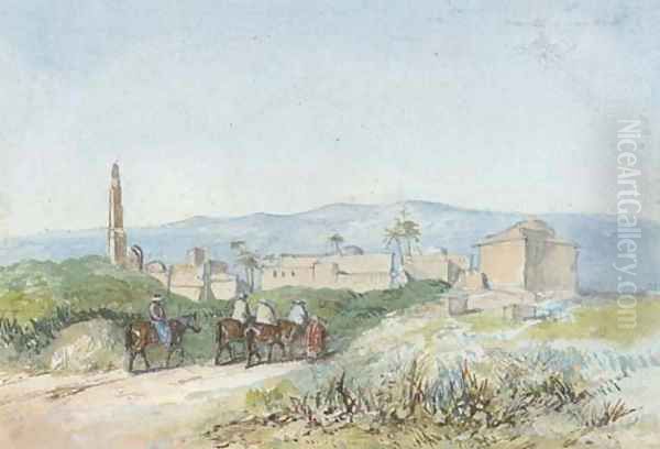 Travellers on horseback approaching a Palestinian town, possibly Lydda Oil Painting by William James Muller