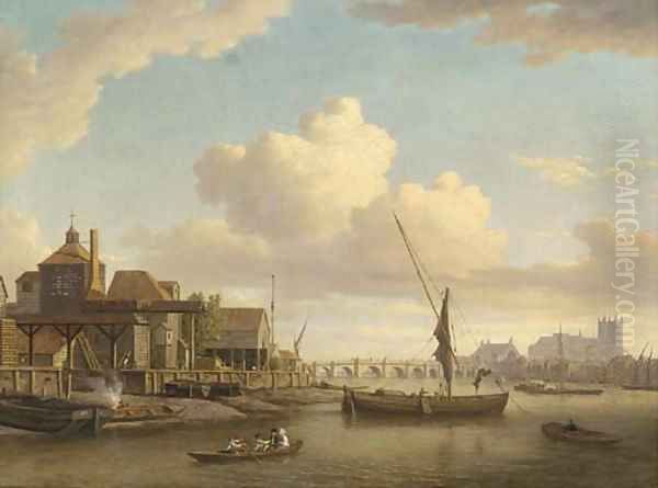 Messrs Peach and Larkin's barge building yard on the Lambeth bank of the Thames, Westminster Abbey beyond Oil Painting by William Marlow