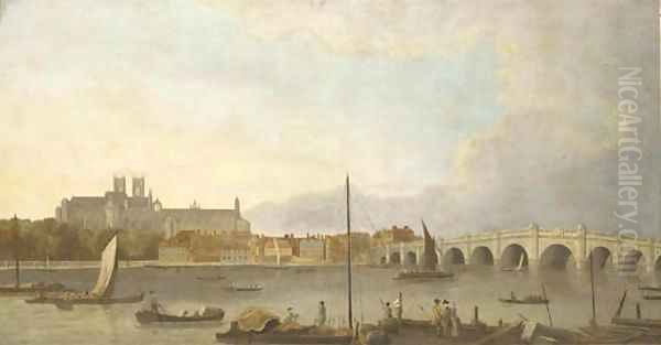 Westminster Abbey, Hall and Bridge from the Lambeth bank of the Thames Oil Painting by William Marlow