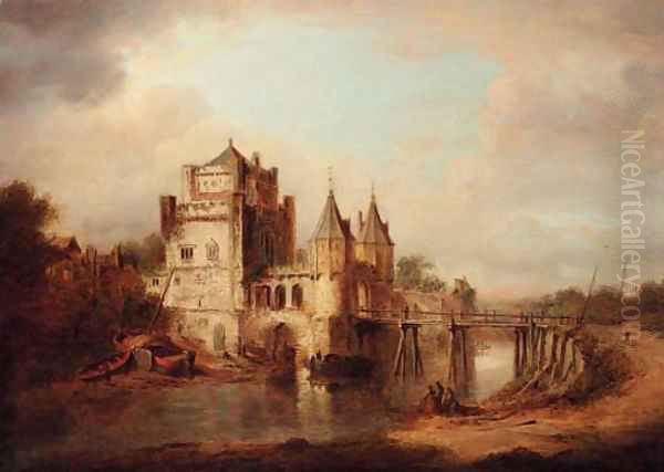 Figures resting by a river, a fortified town beyond Oil Painting by William Marlow