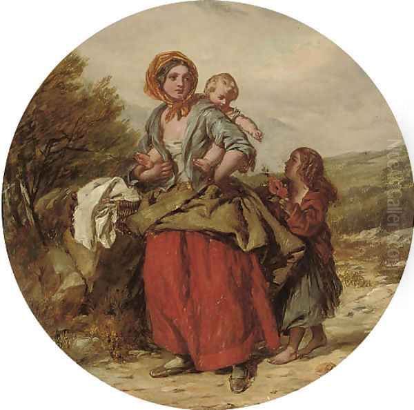 A mother and children on a country road; and Another similar Oil Painting by William Mulready