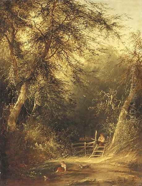 Children playing in a woodland glade Oil Painting by William Mulready