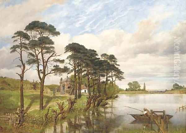 A fisherman in a lake landscape Oil Painting by William Mulready