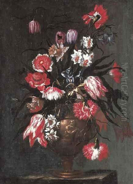 Tulips, carnations, daffodils and other flowers in a sculpted vase Oil Painting by Francesco Mantovano