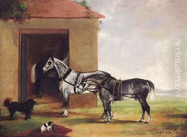 Two dapple grey Carriage Horses with Dogs outside a Stable Oil Painting by G. W. Miller